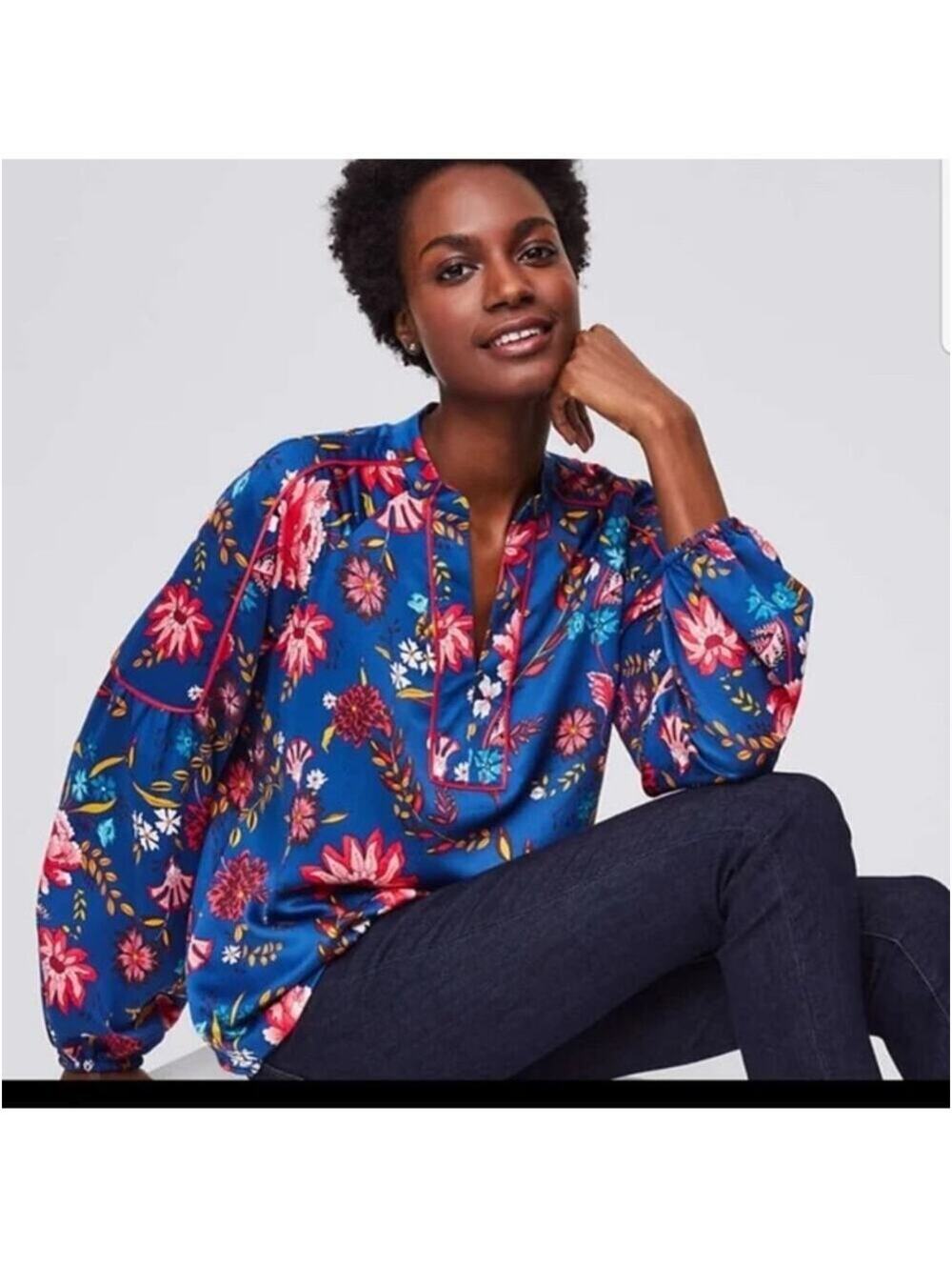 Loft EUC Women's Blue Floral Split Neck Bright Blouse Size S